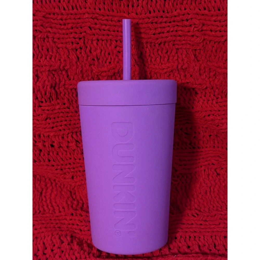 Dunkin Donuts Silicone Purple Insulated Tumbler Reusable cup w/ Straw